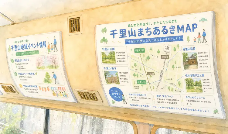 車内上部に掲示された「千里山まちあるきMAP」と地域イベント情報のポスター